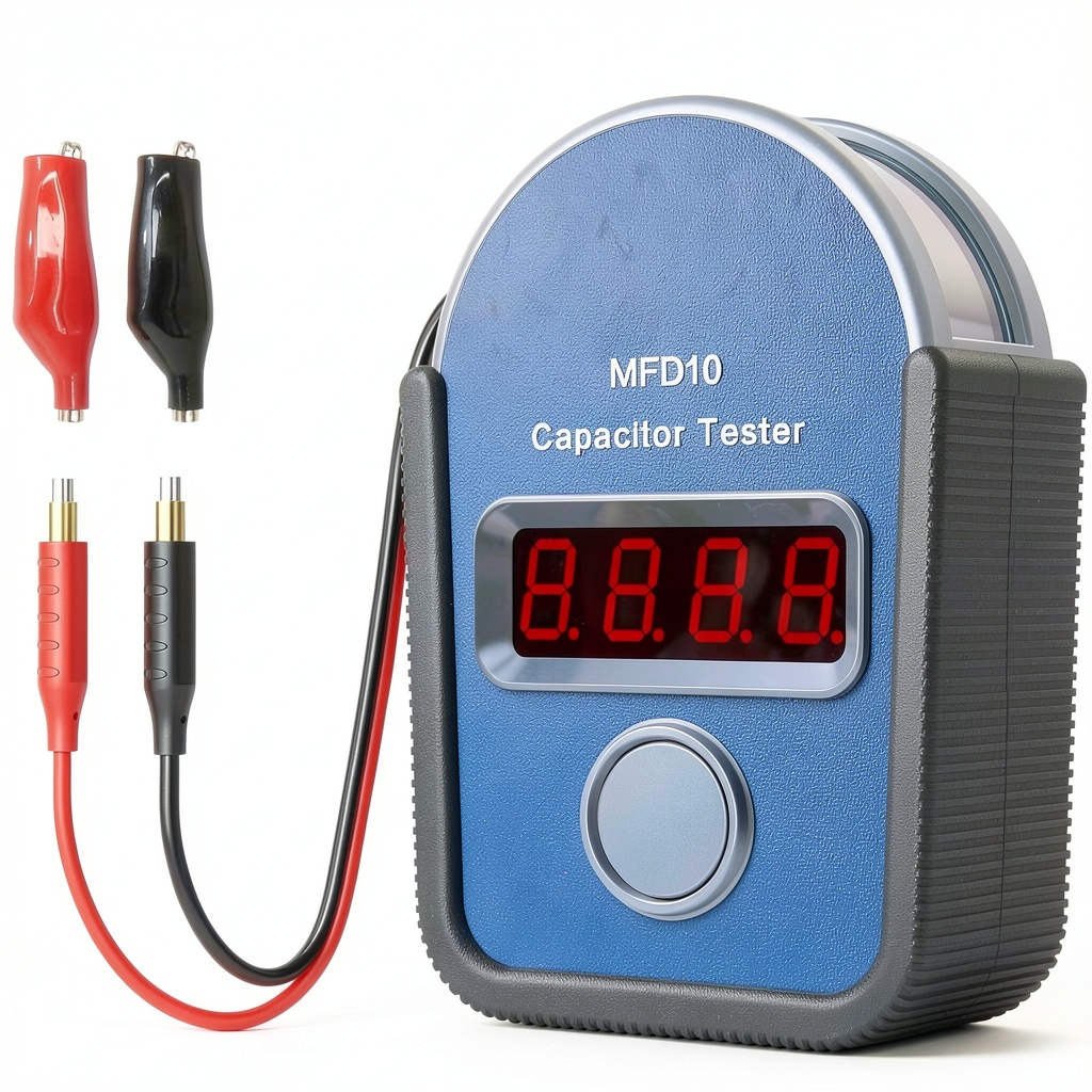 Technician using oiuebxe MFD10 Digital Capacitor Tester on a rooftop HVAC unit