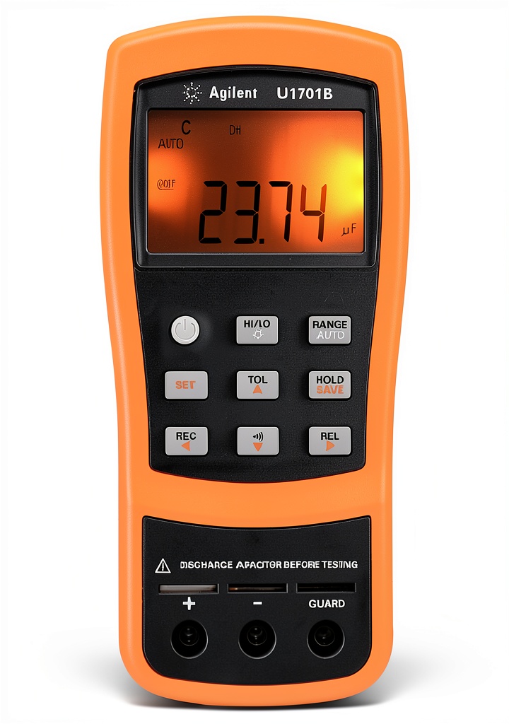 Keysight U1701B capacitance meter displaying measurement readings on a workbench