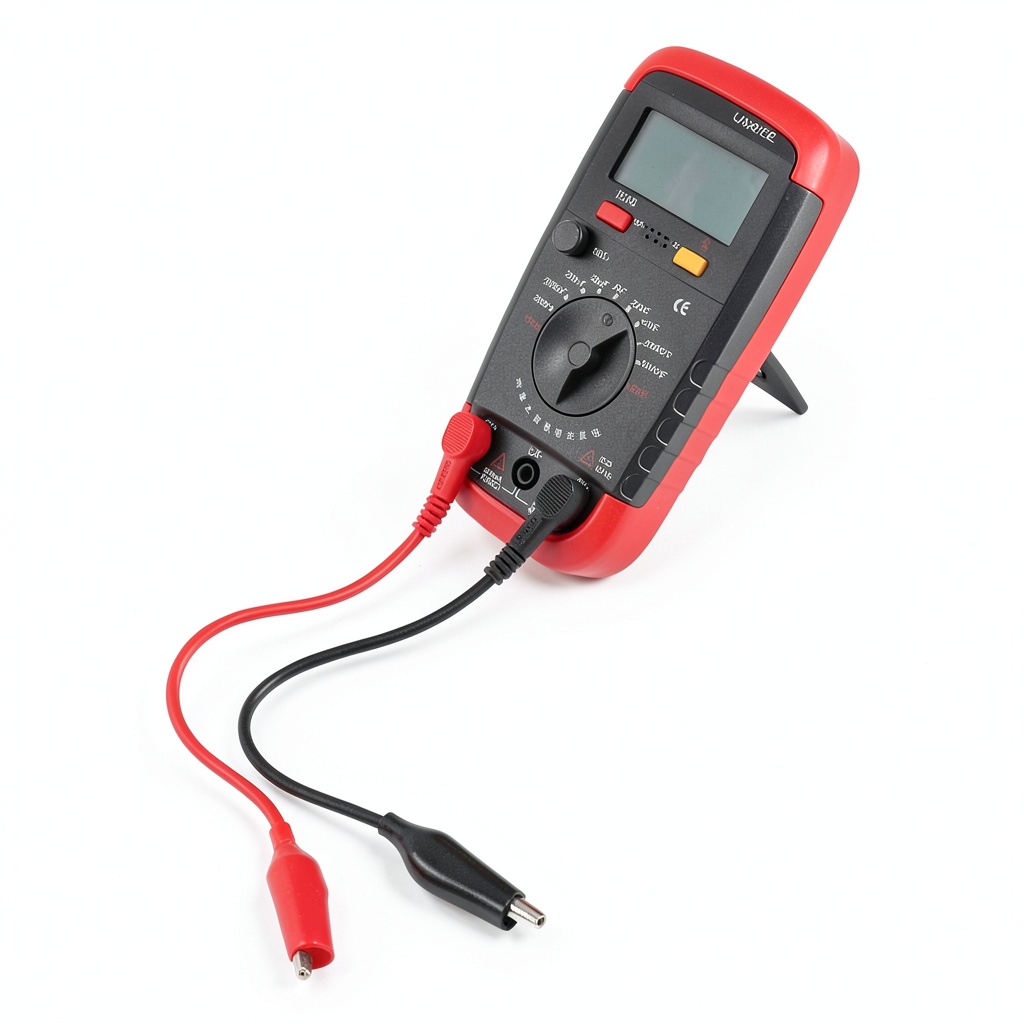 Pomya capacitance meter being held in a technician's hand on a cluttered workbench
