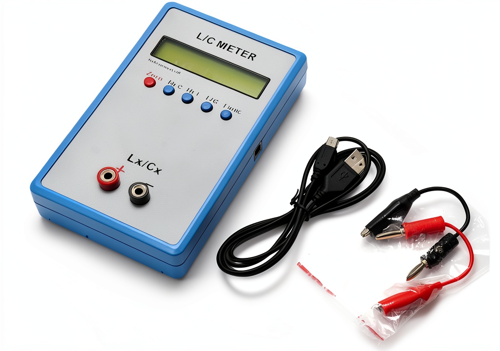 LC200A Inductance Capacitance Meter displaying readings on an electronic workbench