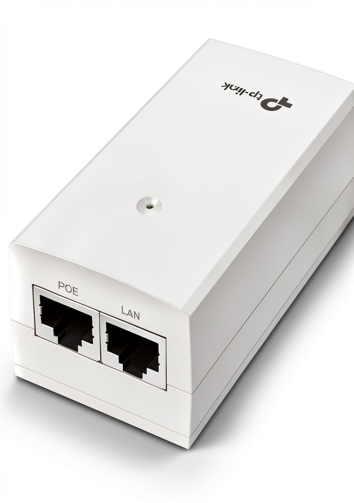 TP-Link PoE injector mounted on a wall near a router